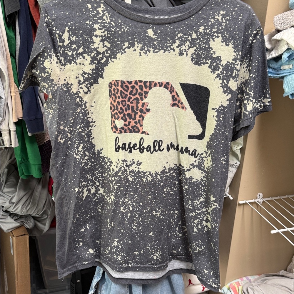 Baseball Mama Graphic Tee - Charcoal with Cream & Pink Leopard
